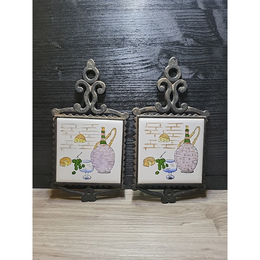 Set Of Two Vintage Trivets - Wine And Cheese Tiles